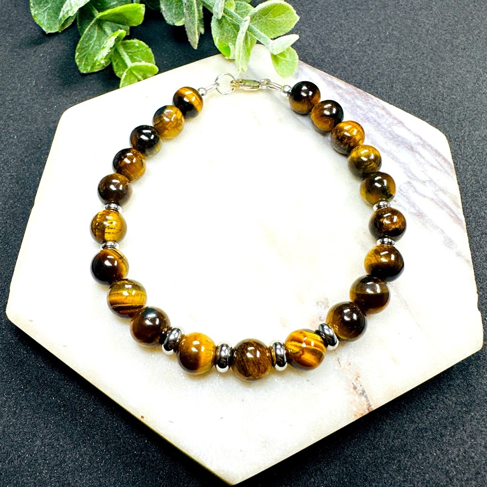 Mens Tiger Eye Bracelet Sterling Silver - Picture 1 of 5